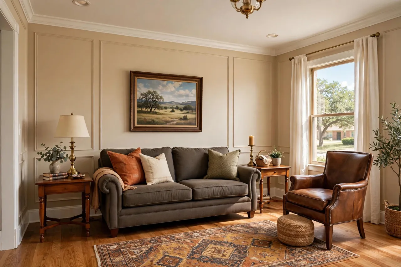 Warm Classic living room, virtually staged — sample